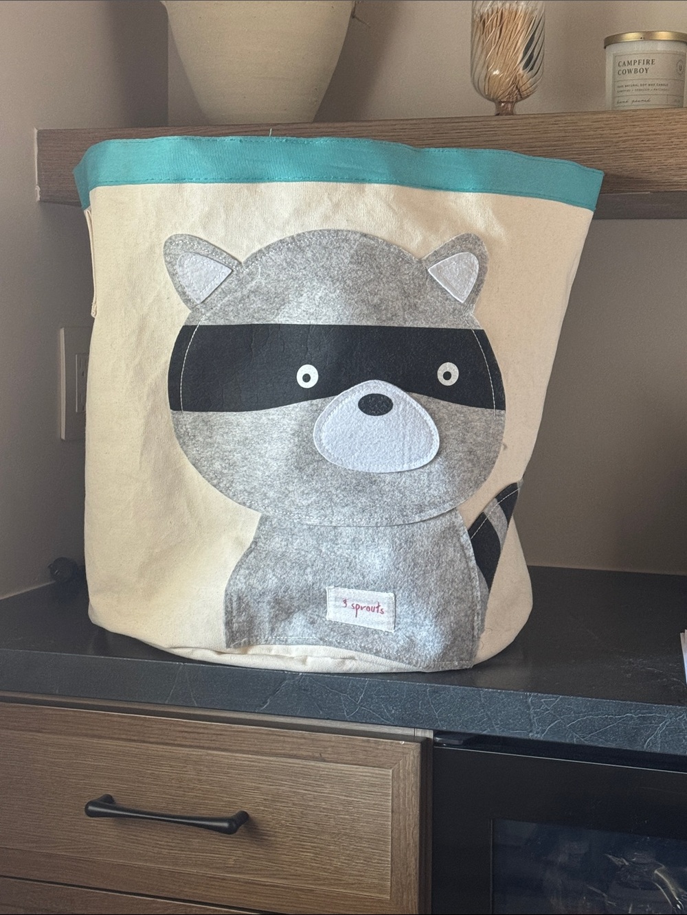 Sprouts Grey Raccoon Canvas Storage Bin with Teal Trim